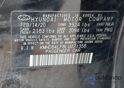 2020 Hyundai Elantra Sel/Value/Limited from USA, damaged, VIN KMHD84LF8LU071358